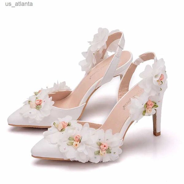 Sapatos de vestido Rainha de cristal Sandals elegantes para adultos Casamento Bridal Ponto de 10 cm de altura LACE FLOR FORMAL H240409