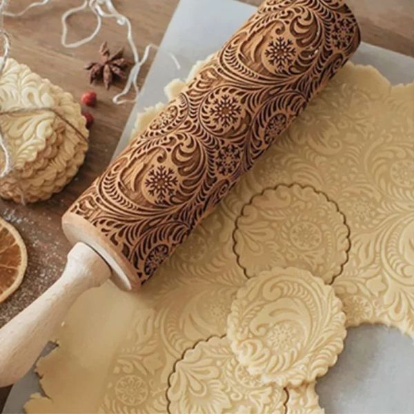 2024 35 cm de Natal com rolamento de biscoitos esculpidos em biscoitos esculpidos biscoitos fontes de fonde de massa de panificação gravada Baking Roller Holiday Giftswood