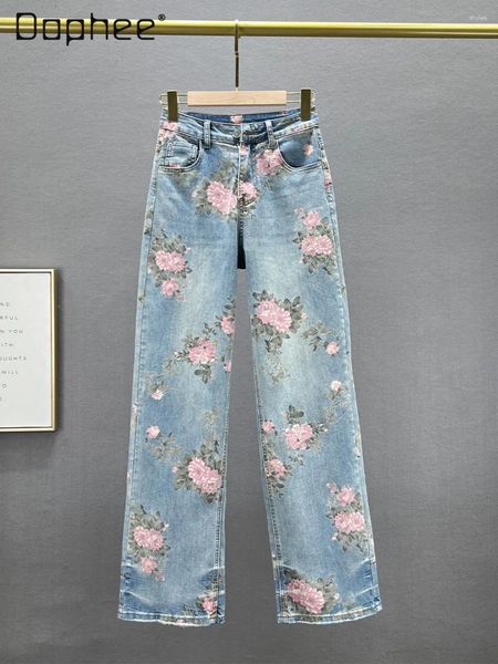 Jeans femininos de estilo chinês Flores de jeans impressos de perna larga para mulheres 2024 Spring Retro Loose Cantura Alta Chapeira