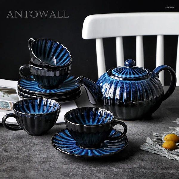 Tazze di piattini Antowall Glassa europea glassa blu tazza di teiera in ceramica set utensili da bere