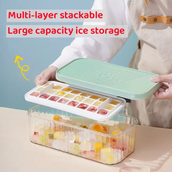 Scatola di ghiaccio in silicone e scatola di stoccaggio 2 in 1 vassoio di ghiaccio che prepara il produttore di scatole da barra per cucine utensili da cucina cubetto di ghiaccio stampo produttori di fai -da -te