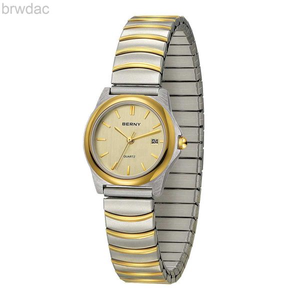 Kadın Saatleri Berny Golden Kadınlar Moda Kuvars Kuvars Rahat Genişleme Bandı Kol saati 3atm Pirinç Paslanmaz Çelik Sapçik Strap Ladies Watch 240409