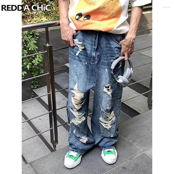 Jeans maschile rossdachic anni '90 skater retrò uomini strappati baffi baffi strappati a gamba rilassati pantaloni casual oversize pantaloni hiphop streetwear
