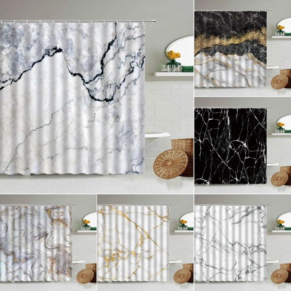 Cortina de chuveiro listrada de mármore branco cinza ouro preto design simples acessórios de banheiros telas impermeáveis decorativas com ganchos