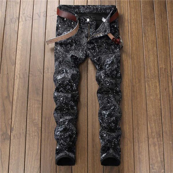 Jeans maschile New Fashion Spring Autumn Mens 3D jeans stampato Pantn Hombre Black White Nightclubs Young Skinny Biker Denim Trousers T240409