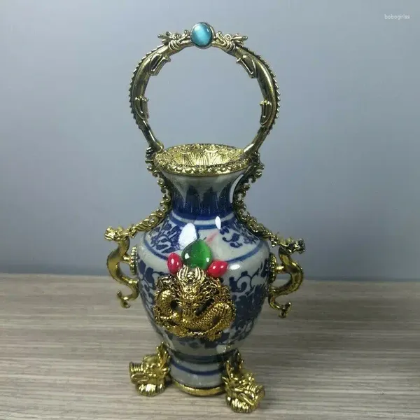 Vasen alte chinesisches Kupfer -Porzellan -Inlay Jade handgefertigtes Vase Qianlong Marke