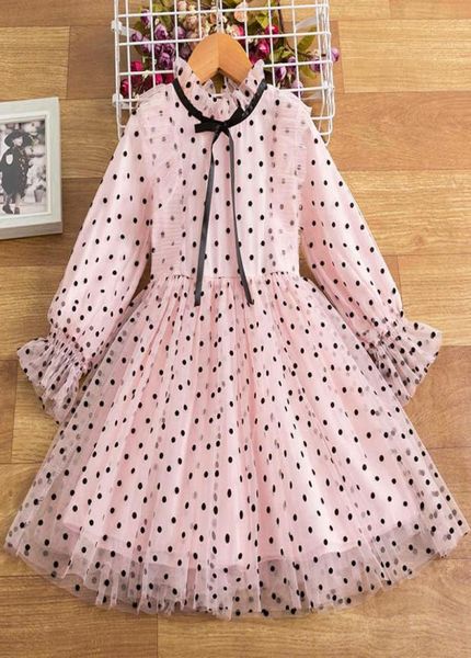 38y Girl Drots Dots Pink Flower Girl Dressings детские платья для вечеринок для девочек Осенняя одежда для детей vestidos para nina Q04809901