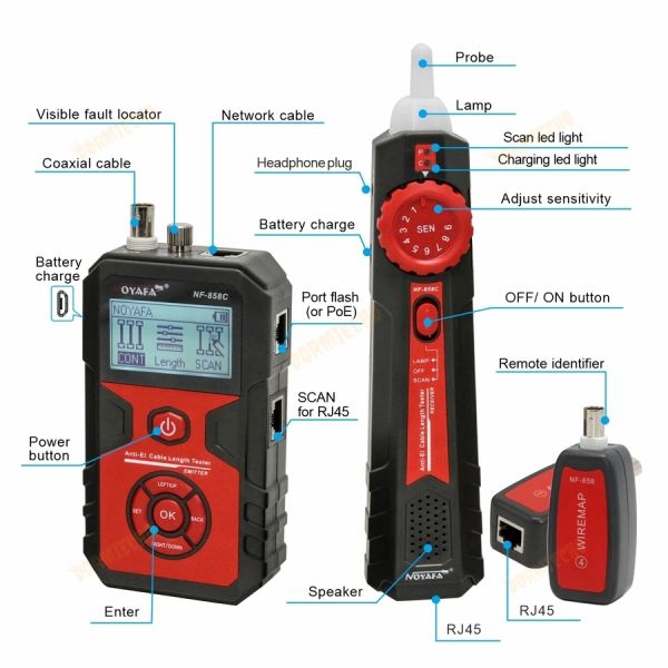 Novo localizador de linha de cabos de chegada NF-858C Rastreador de cabo Fincher Cable Tester Comprimento do cabo Medição de Cable portátil BNC Teste de cabo