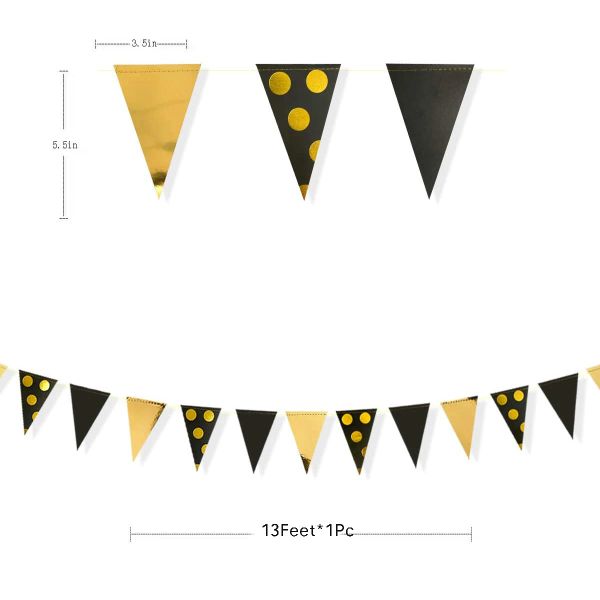 Foglio nero oro a pois con brannant banner bandiere triangolare bandiere ghirlanda per le decorazioni per feste di compleanno baby shower per matrimoni