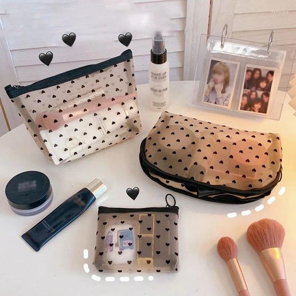 Aufbewahrungstaschen Mesh Cosmetic Bag Hülle Halter Süßes transparentes Zipper Schwarz Herz bedrucktes Beutel Make -up Organizer Travel Make -up