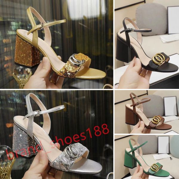 Schuhe Designer Sandalen Sommer Luxus Heels Frauen Schuhe Pantoffeln Dicke Ferse Leder Designer Mode sexy Abendessen PAINE Weißgold Sandalen Designer Objektträger