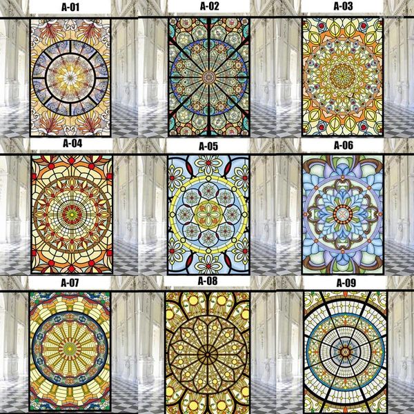 Fensteraufkleber 50x90 cm Europäische Kirchenkunstglasfilm Bunt undurchsichtige Stachel statische Klammer Privacy Home Decor Decals Abziehbilder