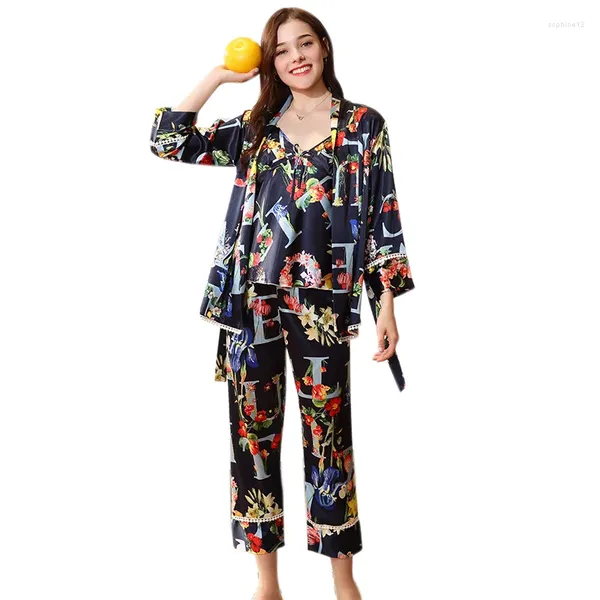 Roupas em casa Primavera Autumn Lady Femme Fashion Floral Print Pijamas Sets feminino Suits Navy Blue