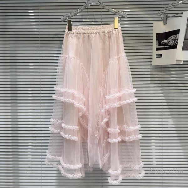 Röcke 2024 Sommer Klassiker Stil Outerwear Pink Mesh Spitzenrock für Frauen süße Midi -Länge Prinzessin