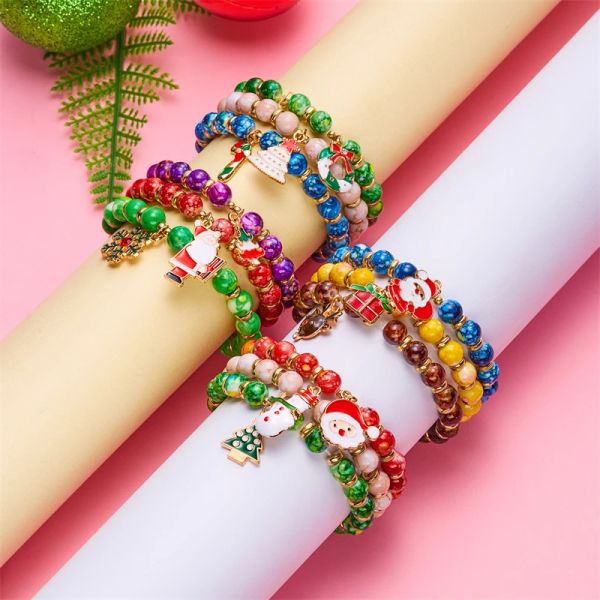 3 PCs Christmas Bracelets coloridos de contas para mulheres árvores de Natal Meninas Papai Noel Jóias de Bulgas de Pingente de Neve