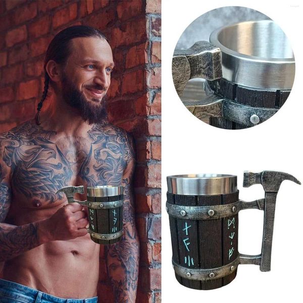 Becher Rune Trinkbecher Bier Tankard Tasse für Männer schenken nordische Dekor Edelstahl Holz Kaffee Kühle Glassbottle