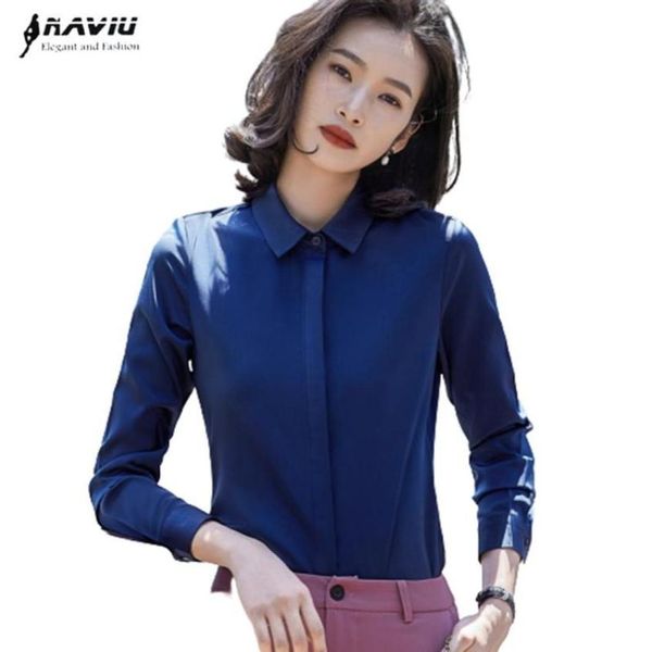 Ядра синяя формальная рубашка Женщины с длинным рукавом 2021 Осень Новый тонкий шифоновый блузский офис.