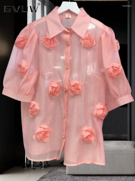 Frauenblusen Gvuw 3d Blumen Fashion Shirt Frauen Lupe Kurzwechselhülse Single Breaceed Solid Color 2024 Sommer 17G5828