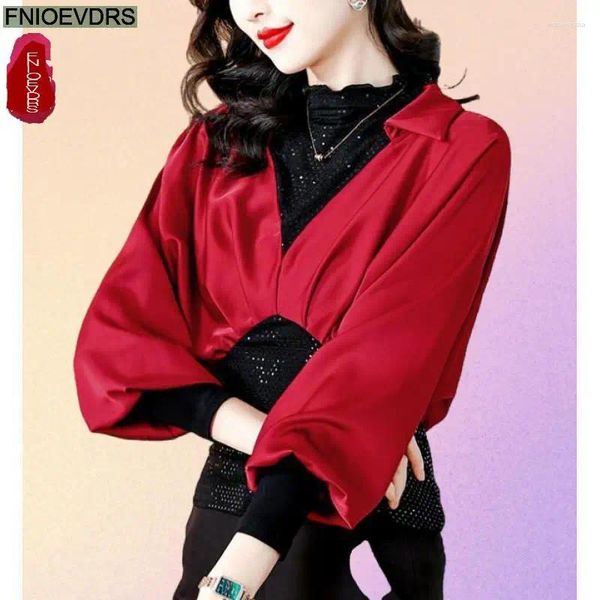 Blusas femininas m-4xl vermelho bling bling tops feminino winter winter use half gurtleneck colar retro vintage francês design camisa peplum