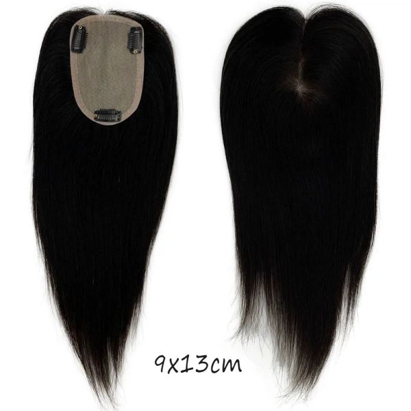 12x14 cm Base pelle PU Topper Virgin European Human Hair Toupee for Women 9x13 cm Punta di capelli in seta con clip in nero naturale