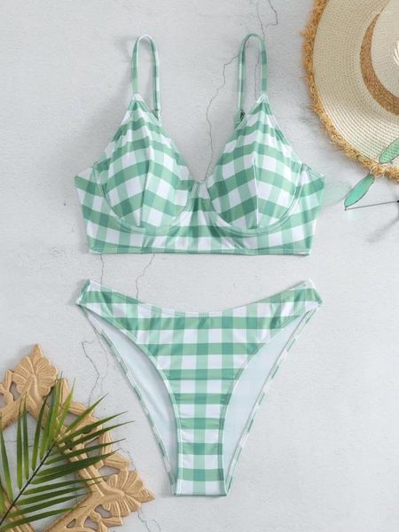 Damenbadebekleidung 2024 Plaid Push Up Bikini High Cut Badeanzug Frauen Riemcheninnen weibliche Badegäste baden Schwimmanzug Strandbekleidung