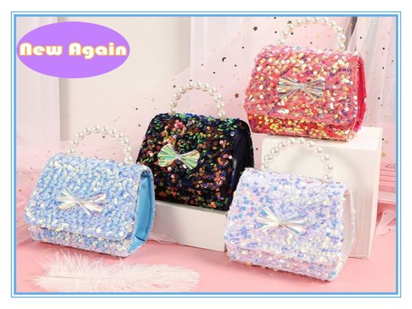 Kinder glänzende Prinzessin Handtaschen Kinder Glitzer Pailletten Design Schöne Bowknot Totes Baby Girls Bow Crossbody Taschen Kinderbeutel Perlen Kette Geldbeutel Aryb194