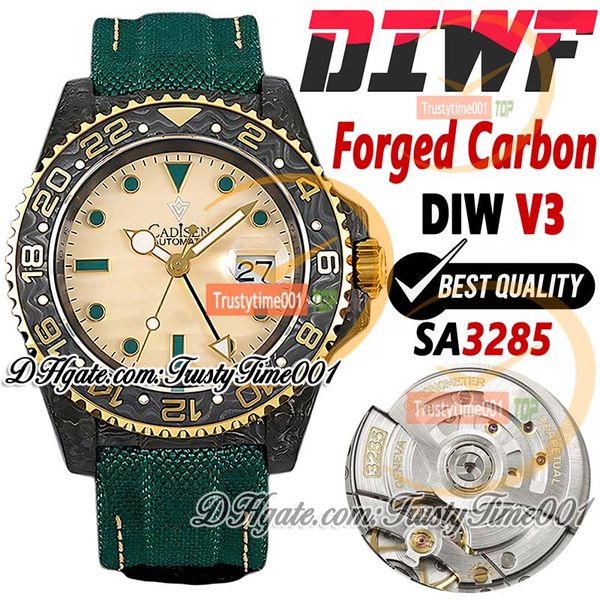 DIWF V3 OASIS DE CARBONA SA3285 ASSISTA AUTOMÁTICO DIW DIW Full forged carbon Case amarelo moldura de ouro de ouro Marcadores de ponto de discagem de nylon Strap Super TrustyTime001 Relógios