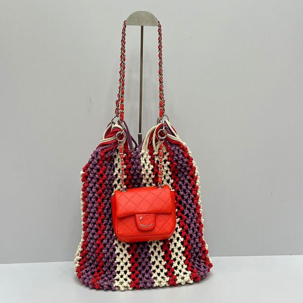 Роскошная дизайнерская тканая сумка для пляжной сумки высококачественная красочная тканая двойная сумка дизайн сумки с серебряной проволочной сеткой с серебряной сетчатой меш