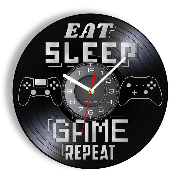 Eat Sleep Game Repeat Gamer sagt Vinyl Record Wall Clock Gamepad Machine Jungen Playroom Gaming Room Decor Handicraft Art Kunst