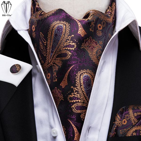 Hitie Purple Gold Paisley Silk Mens Ascots Hanky Manschettenknöpfe Set Jacquard Cashew Vintage Cravat Krawatte für männliche Hochzeit Prom240409