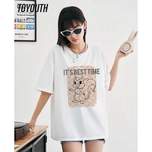 Toyouth Women Tshirt Summer Rothereve O Sece Sheal Tees Squirrel Print Print Pure Cotton Multi -Palor Casual Chics 240409