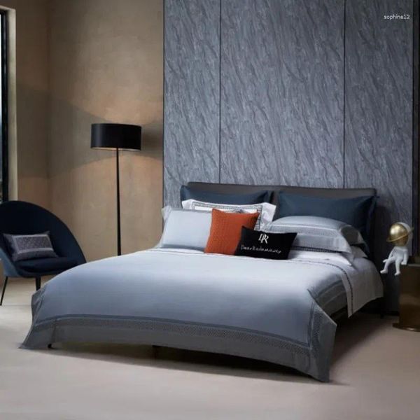 Bettwäsche Sets Blau Satin Jacquard Luxus Italienisch Set weiche seidige Bettbedeckungsbett Saited Sheet Pillowcasen Schlafzimmer Bettdecke