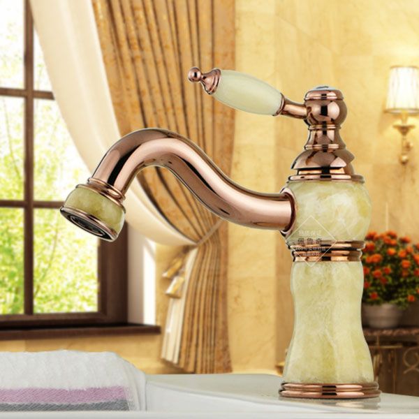 Royal Hot Cold Golden Lavatore Golden Marble Pietra Full Jade Bibcock Delicate Golden / rosa Golden Golden Basino Basino Faucet