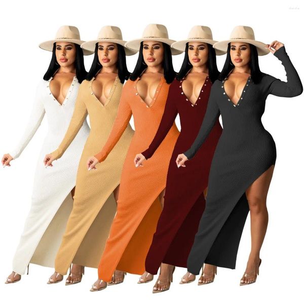 Sıradan Elbiseler Casaul Kadın Elbise Bölünmüş Örme Örgü Düzensiz Sırtsız Düz Renkler Vestidos için Uzun