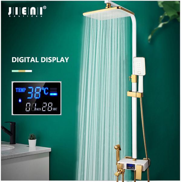 Jieni Black LED Digital Digital Set de banheiro montado Sistema de chuveiro termostático Misturador quente Misturador de torneira de torneira de torneira