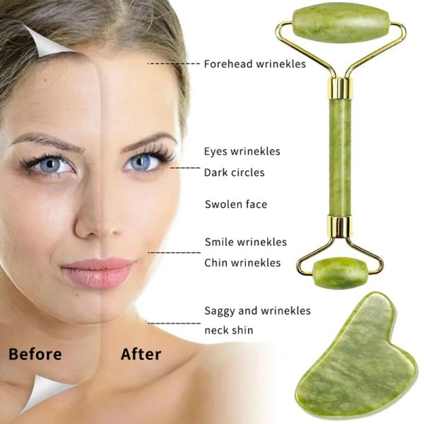 Guasha Natursteinmassage Jade Roller Gesicht Jade Roller Gua Sha Massage Werkzeug Set Face Care Roller Gesichtsmassage Hautpflege