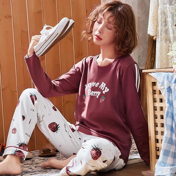 Heimkleidung Frau Pyjamas Sets Herbst Langarm dünner Pyjama Girls Frauen Cartoon Print Süßes loser Weihnachts Nachtwäsche