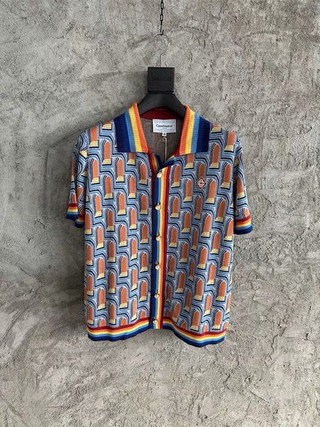 24ss Kazablanka Üst Tasarımcı Yün düğmesi hırka kazak ceket Erkek ve Kadınlar Çift Kemeri Gökkuşağı Colorblock Yakası Gevşek Retro Baskı Moda Sweatshirt Ceketler