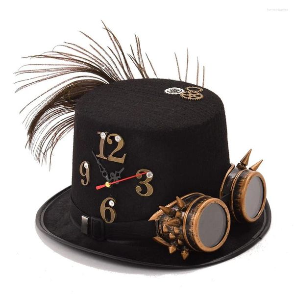 Berets Women Black Steam Punk Hats Unisex Man/Woman Goggles Feather Gear Clock Halloween Party Top Hat Hat