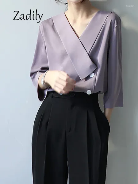 Blouses feminina zadily 2024 verão corea estilo meia manga mulher blusa de chiffon escritório vad de pescoço de pescoço de pescoço toupe tops button feminino feminino feminino