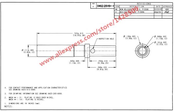 Pin DT placcato in oro maschio femmina, solido, taglia 16, 16-20AWG, Terminal Crimp Deutsch 0460-202-1631 PIN 0462-201-201-1631