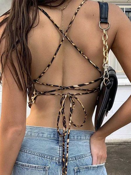 Tanques femininos Camis Leopard Pattern Tank Tampo Mulher Tampo Backless Sexy Rave Set Setentless Cross Lace Top Bralette Crop Summer Street Clothing J0411