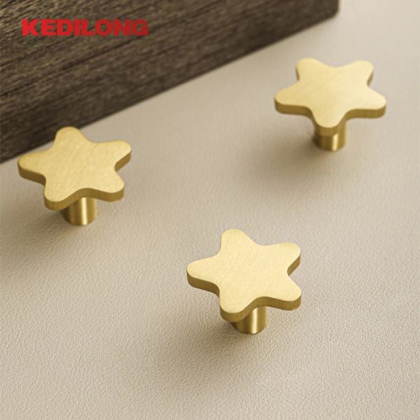 Gold Brass Solid Solid Star Knob Star Children's Quarto Armário da porta da porta da porta da gaveta Móveis Hardware Estrela de estrela pequena maçaneta