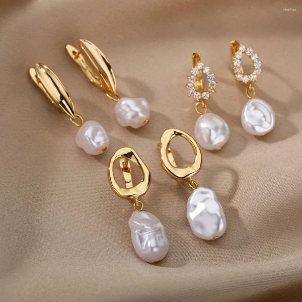 Orecchini a pennagliera perla irregolare per donne in acciaio inossidabile cerchio rotondo auricolare per le orecchie di gioielli Mujer Accessori Mujer