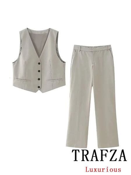 Office vintage di trafza Lady Solid Women Suit Vneck Single Sfrotte Pantaloni dritti sciolte Set casual primaverili 240329