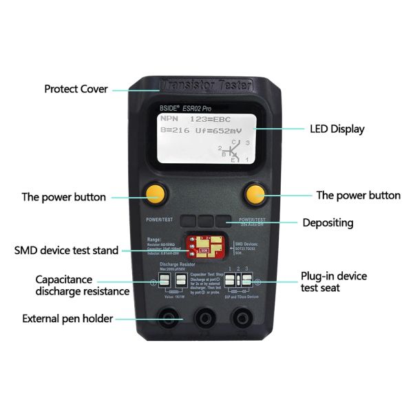 Bside ESR02 Pro Transistor Tester Цифровой тестер диодный триодный резистор резистор емкости индуктивность Mosfet NPN PNP Triac MOS детектор MOS