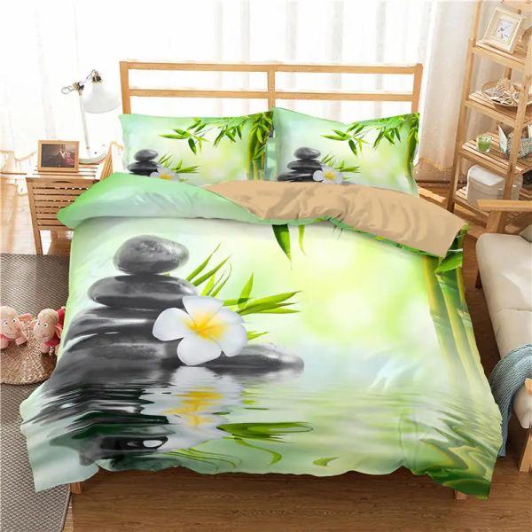 Zen Stone Green Green Bamboo Tampa de edredão conjunto Nature Water Print Bedding Set