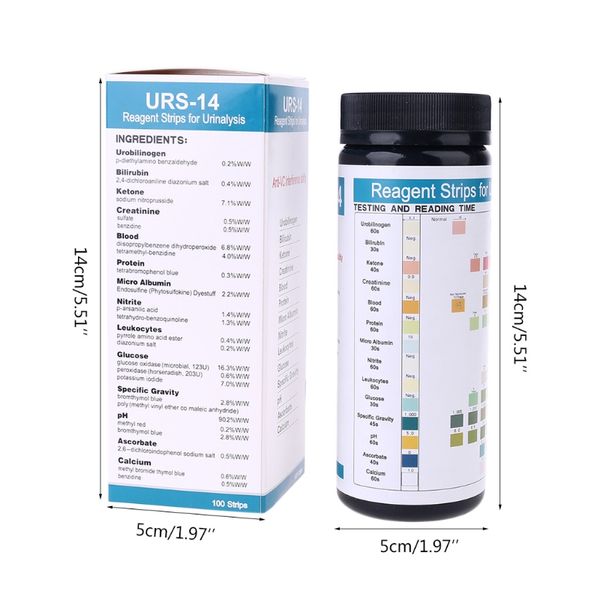 URS-14 100 Strips Urinanyse-Reagenzentestpapier 14 Parameter Urin-Teststreifen Leukozyten, Nitrit, Urobelogen, Protein, PH