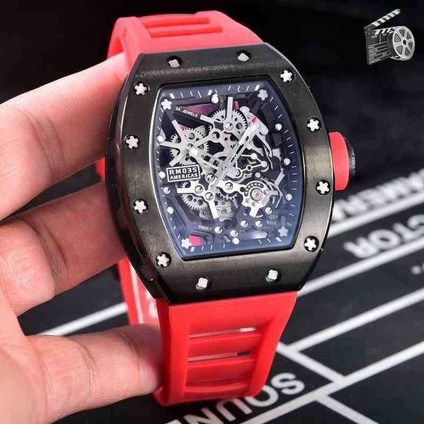 Дизайнер Richardmill Watch Meens Movement Automatic Luxury Luxury Mechanics Full Black Case Red Orange Rubber