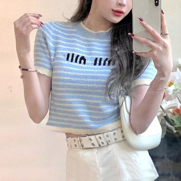 Miumiuss Sommer T -Shirt für Frauen Kleidung Strickbrief Stickperlen O Hals kurzärmel T -Shirt Femme Lose Casual Crop Top 100% Baumwoll -T -Shirt